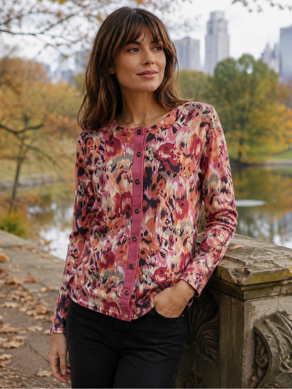 Anne Klein Silk Blend Pink Coral Abstract Floral Cardigan - Snap Front - Size M